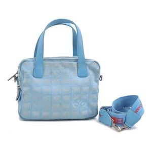 Authentic CHANEL New Travel Line 2Way Shoulder Hand Bag Nylon Leather Blue